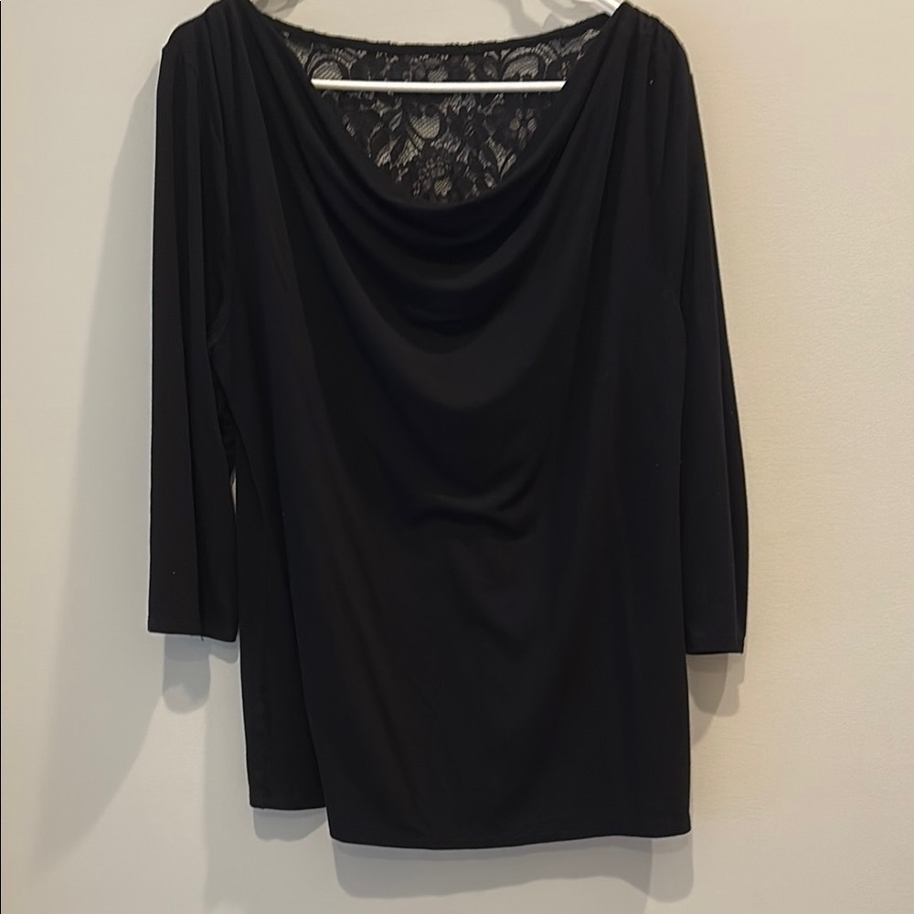 WHBM- Women's long sleeve top. scoop neck. Size XL. Black, lace detail on back